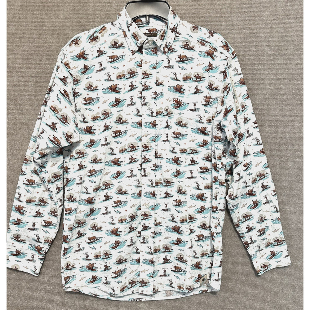 Ariat Western Aloha Shirt Mens Small Long Sleeve Cowboy Surf Longhorn Shark